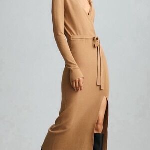 PAIGE Carmen Sweater Dress Dark Camel Brown Knit Wrap Midi Small New With Tags